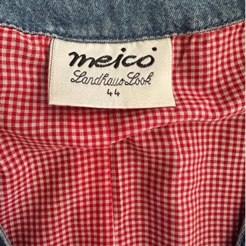 Vintage Meico Denim Vest – Cottagecore Mushroom Embroidery, Gingham Lining - Picture 2 of 8